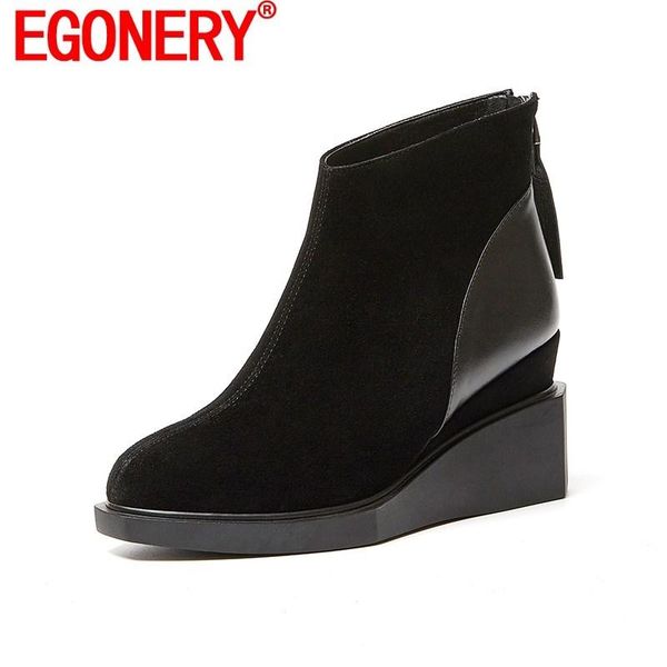 

egonery women shoes good quality platform wedges fashion ankle boots real sheep suede leather round toe winter ladies booties, Black