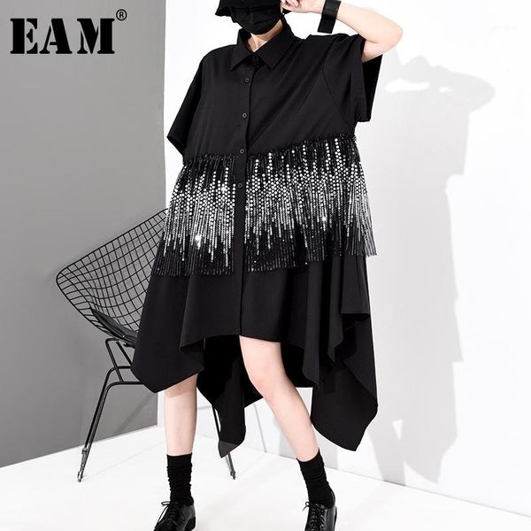 

eam] women black sequins taseels big size shirt dress new lapel half sleeve loose fit fashion tide spring autumn 2020 1s0521, Black;gray