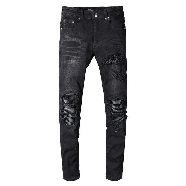 

designer denim brand jeans motorcycle trousers ripped jeans hip hop straight biker slim mens man mihkt, Black