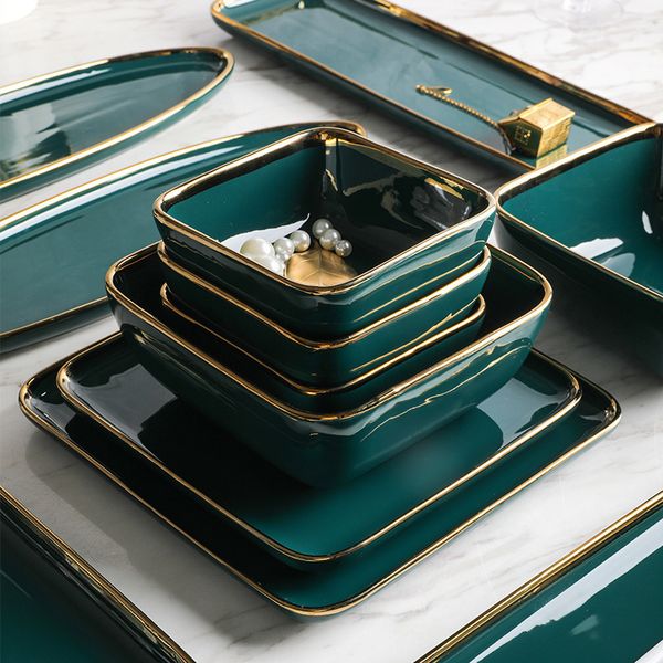 

tableware green ceramic dinner set gold inlay porcelain dessert plate steak snack cake plate salad soup rice bowl wholesale t200107