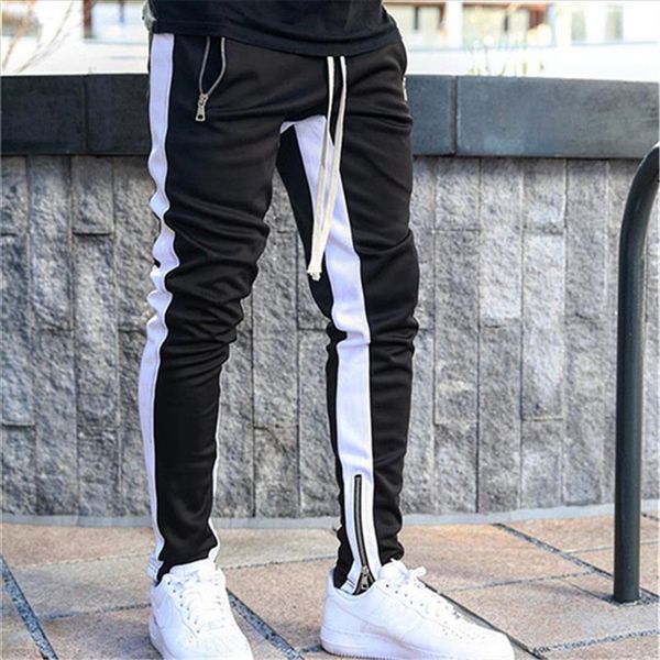 

mens joggers casual pants fitness men sportswear tracksuit bottoms skinny sweatpants hem zip trousers black jogger track pants
