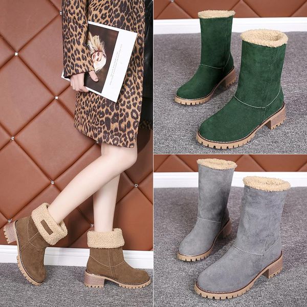 

boots ladies mid-tube thick-heeled wool snow women's fashion cotton female warm and comfortable plush shoes large size 43, Black