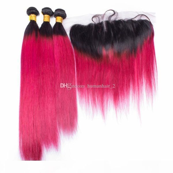 

8a malaysian ombre rose red virgin hair bundles with lace frontal closure 1b red ombre straight human hair weaves with lace frontal, Black;brown