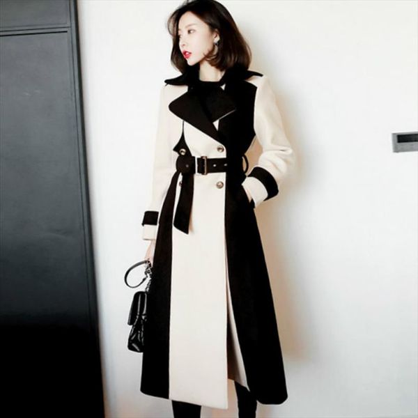 

2021 winter long outer color patchwork mid calf woolen wind coat sashes slim office work casual trench, Tan;black
