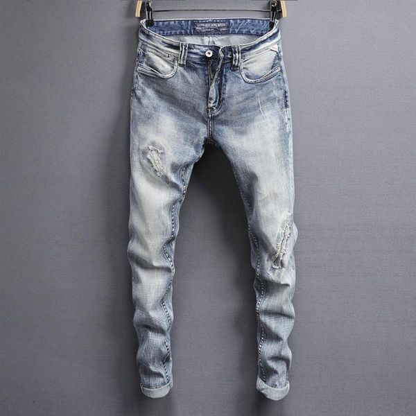 

italian vintage designer men jeans retro blue wash slim fit elastic ripped jeans hip hop pants patch designer classical