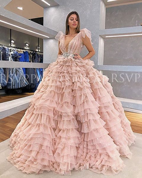 

long evening dresses 2020 ruffle see through v-neck beaded pink tulle sparkly women formal gowns lj201120, White;black