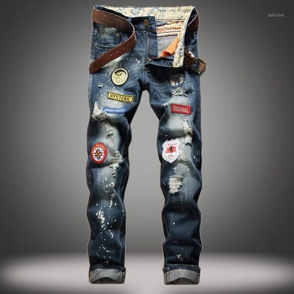 

1j men's tattered jeans badge straight slim jeans splash ink used trendy pants wholesale bulk leggings private label whole1, Blue