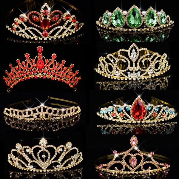 

queen princess crown for women girl brithday green red crystal gold headdress big tiara bridal wedding hair jewelry accessories, Golden;silver