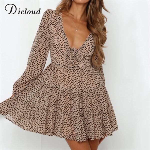 

dicloud leopard v neck dresses women spring autumn long sleeve a line ruffles sundress chiffon short party dress female lj200818, Black;pink