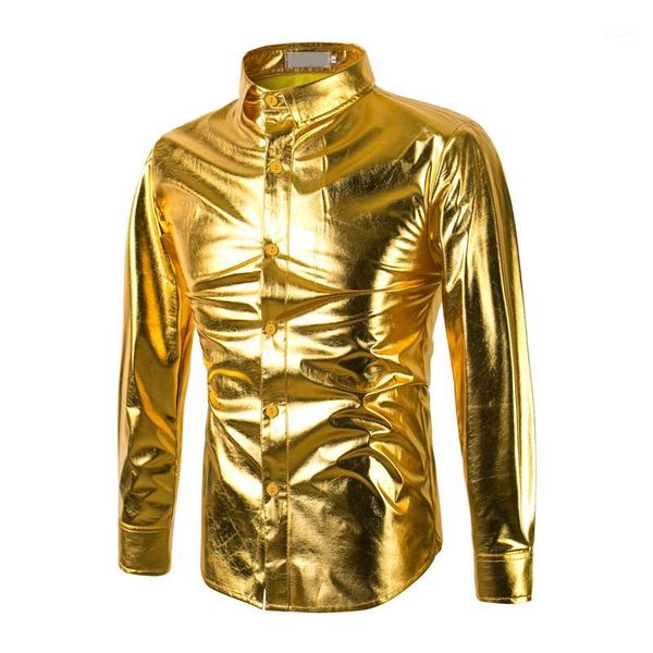 

wholesale- mens trend night club coated metallic halloween gold silver button down shirts party shiny long sleeves dress shirts for men1, White;black