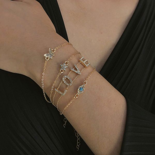 

4pcs'set crystal love heart letter punk style metal chain bracelet for women female vintage gold color link bracelets fashion jewelry, Black