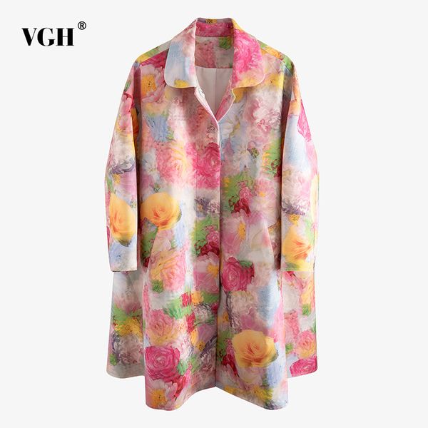 

vgh vintage print women trench coat lapel collar long sleeve loose hit color windbreaker for female fashion summer clothing 201031, Tan;black