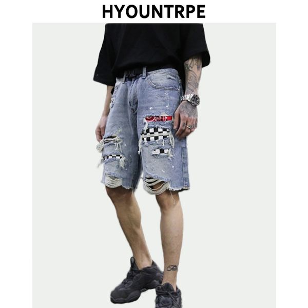 

high street fashion destroyed short jeans men patchwork printed pockets plaid ripped loose jeans new hip hop zipper pants jogger 201111, Blue