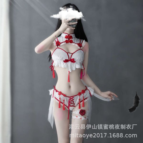 

new women's classic split cheongsam underwear embroidered tassel uniform set role playing suit, Black;white
