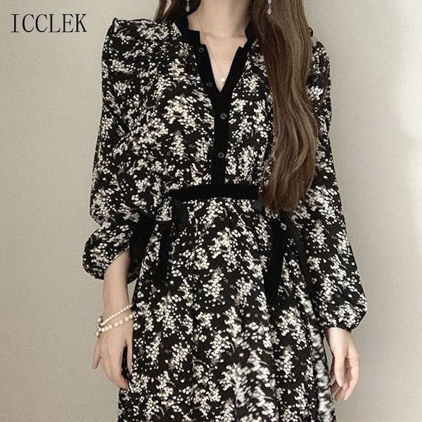 

one-piece casual dress suitable for office ladies 2021 spring new elegant sweet v-neck long sleeve printed dress female, Black;gray