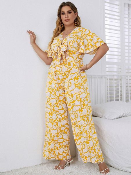 

plus allover floral print cut out tie front flutter sleeve jumpsuit n3qu#, Black