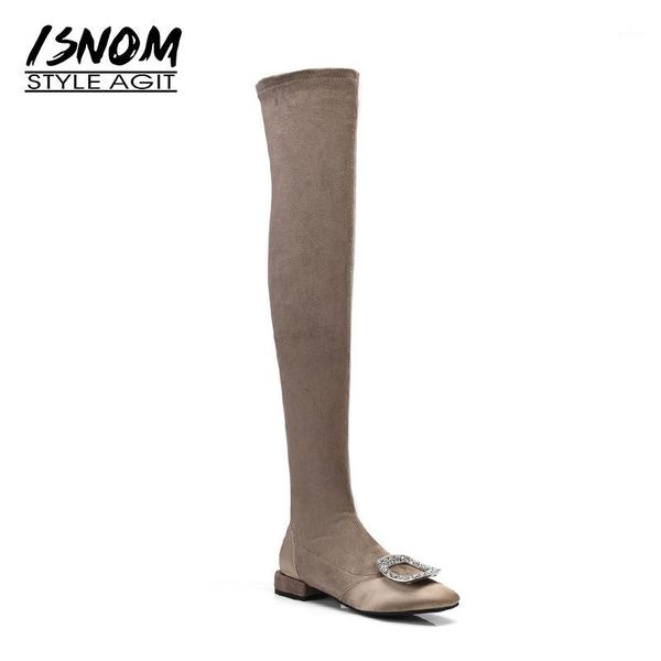 

isnom thick heels woman boots stretch over the knee boots satin crystal women shoes 2020 new winter footwear big size 33-401, Black