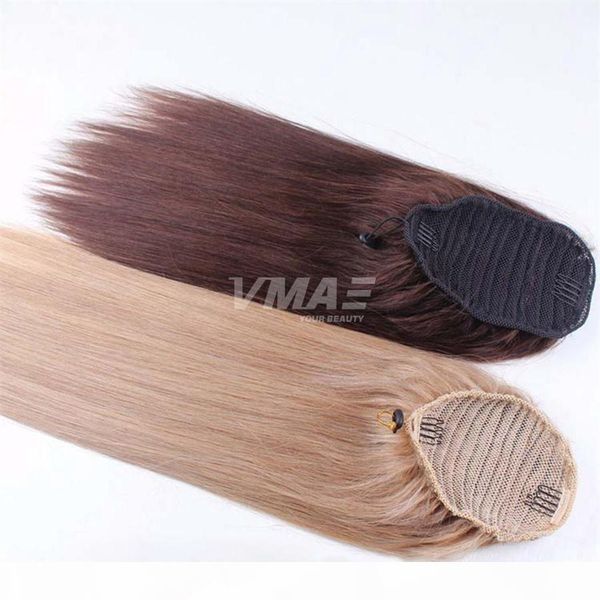 

120g natural #613 brown horsetail tight hole clip in straight drawstring ponytail virgin human hair extensions, Black