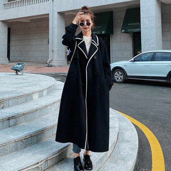 

women's wool & blends 2021 autumn winter black woolen coat solid color temperament loose long high-quality women jacket