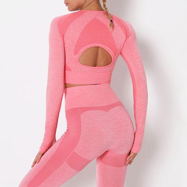 

yoga outfits seamless set women pink sports long sleeve open back crop shirts womens workout gym suit sportwear fitness clothes1, White;red