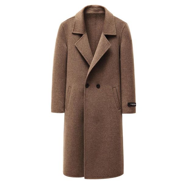 

men's wool & blends autumn winter woolen coat mid-length over-the-knee double-sided cashmere overcoat trench men outwear, Black