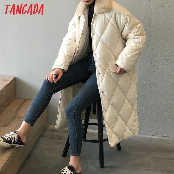 

tangada winter women fur collar oversize long parkas thick long sleeve pockets female warm cotton overcoat asf58 201103, Black