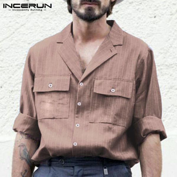 

incerun vintage striped men's casual shirts streetwear long sleeve pockets button business brand shirt men camisa masculina 20201, White;black