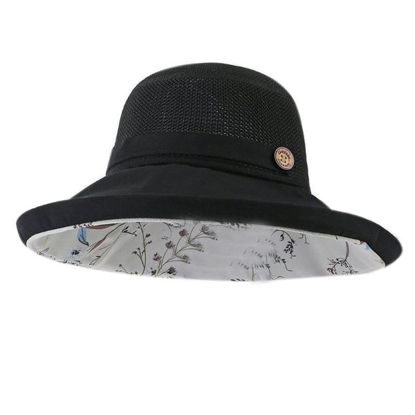 

wide brim hats summer splicing wooden buckle sun hat double-layer floral small fresh art fisherman caps women bucket panama, Blue;gray