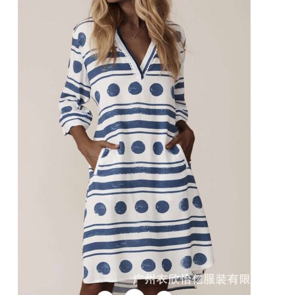 

2020 v-neck printed long sleeve dress for women, Black;gray