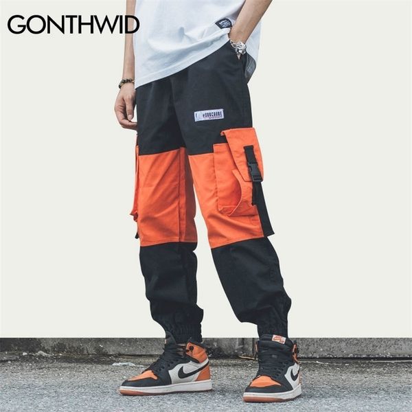 

gonthwid side ribbon buckle pockets color block patchwork harem joggers pants hip hop casual streetwear pants trousers sweatpant 201128, Black