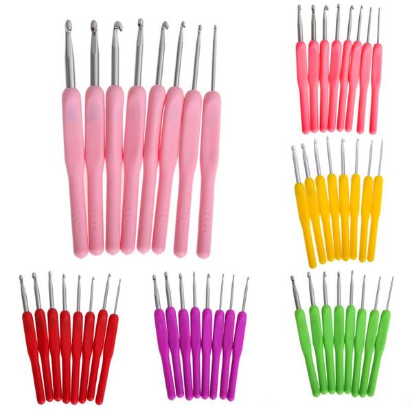 

professional hand tool sets 8 pcs/set sizes soft plastic handle home aluminum crochet knit hooks needle 2.5-6mm for diy crafts loom 6 colors