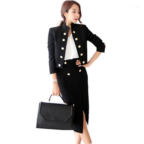 

business autumn women 2 piece set 2018 formal black blazer long sleeve coat + high waist work bodycon split skirt set11, White