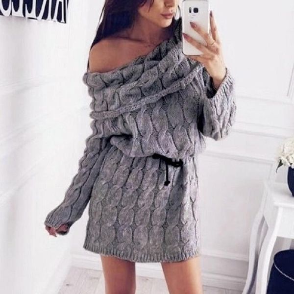 

fashion new 2020 oblique shoulder knitted ladies long sleeve twist dress womne fashion cold shoulder knitting sweater long1, Black;gray