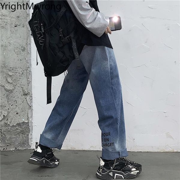 

промытый градиентная буква печать свободные прямые джинсы брюки мода джинсовые брюки женщины мужчины уличная одежда плюс размер хип-хоп панк, Blue