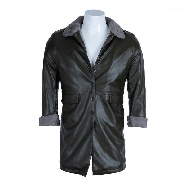

changniu luxury leather jacket coats men single breasted black leather jackets faux fur inside long coat men outwear winter warm1