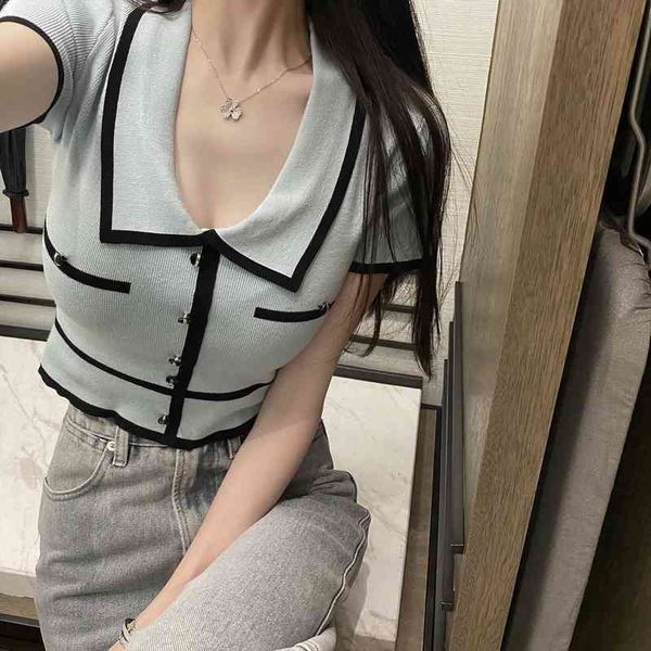 

sweet design knitted cropped button short sleeve polo knitwear women, White;black
