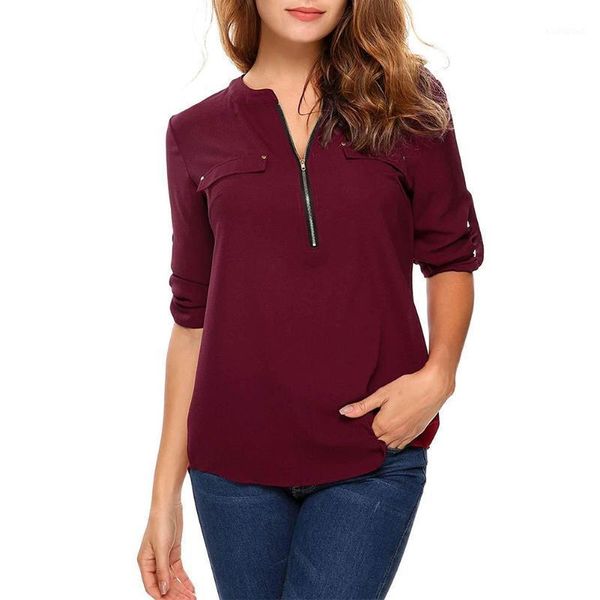 

travel lapel pullover zipper loose party long sleeve summer chiffon casual solid soft women blouse1, White