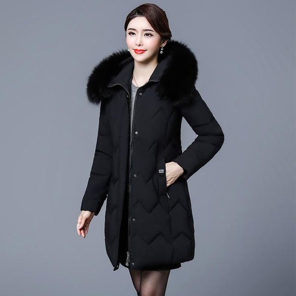 

women's down & parkas 2021 solid long office ladies winter jacket for women hooded thick fur collar oversized slim cotton coat, Black