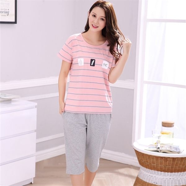 Plus Size Pigiama a righe in cotone Set per le donne Estate manica corta Pigiama Cartoon Ragazze Lunghezza al ginocchio Loungewear Homewear Abbigliamento Y200708