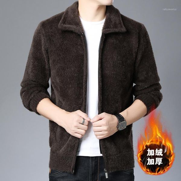 

men's sweaters han edition fashion sweater cardigan winter men's leisure lapel zipper thickening of pure color copy mink wool coat, White;black