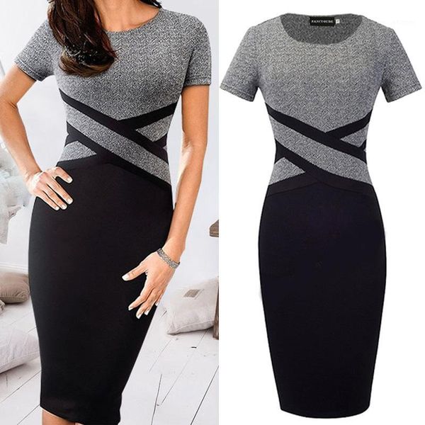 

women contrast color patchwork dress vintage business party office knee-length bodycon dress s-xl1, Black;gray