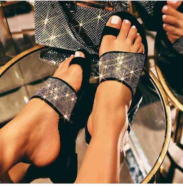 

shoes ladies' slippers glitter slides slipers women low jelly 2021 girl summer rome basic crystal fabric hoof heels scandals, Black