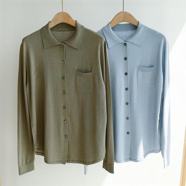 

women knitted sweater office wear turn-down collar loose simple cardigan with single pocket early autumn1, White