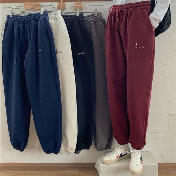 

autumn sweatpants women fleece embroidery harem pants women casual loose plus velvet thick sweatpants korean winter trousers, Black;white
