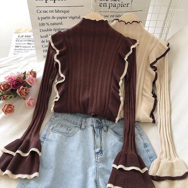 

2020 autumn korean elegant vintage sweaters flare sleeve ruffles jumper femme hit color patchwork turtleneck sueter mujer1, White;black