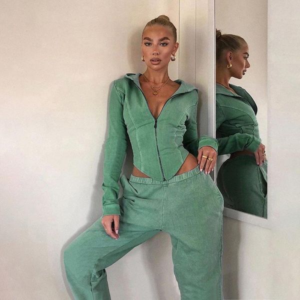 

2020 fashion tracksuit streetwear girls women high waist sweatpants and hooded jacket corset two piece set fall winter clothing, Gray