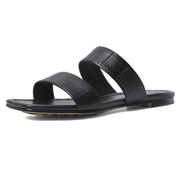 

summer flat girl's shoes genuine leather shallow slip on women falts slippers casual woman cross strap, Black