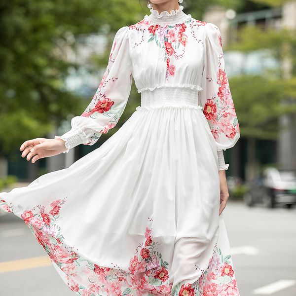

2021 autumn new vintage style print long sleeve thin belt adjustment elegant temperament mid-length dress fi04, Black;gray