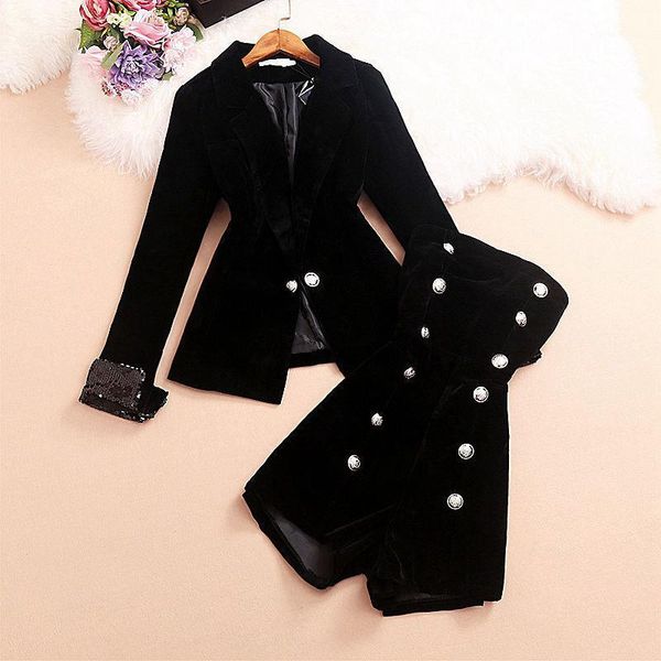 

2020 autumn suit women blazer set elegant suit collar long sleeve velvet coat double breasted tube jumpsuit for office lady1, White;black