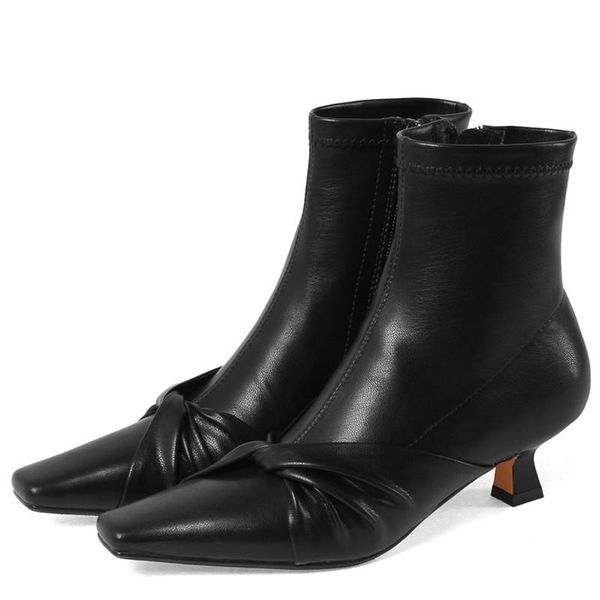 

2021 new ladies bordered butterfly knot pointed toe short boots sweet girl mid heel zipper solid heels for women ankle boots, Black
